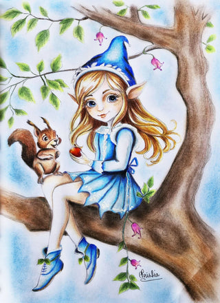 Elven Guardian of the Squirrels - High-quality printable art, grayscale coloring page for relaxation