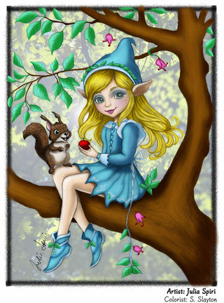 Elven Guardian of the Squirrels - Grayscale coloring page version 5, printable adult coloring art by Julia Spiri