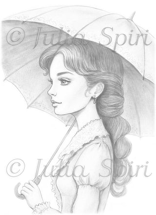 Grayscale Coloring Page, Fantasy Girl. Enchanting Rainfall