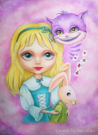 Alice in Wonderland - Grayscale coloring page version 4, printable adult coloring art by Julia Spiri