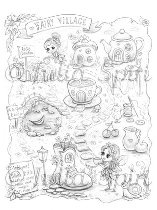 Grayscale coloring page of a whimsical fairy village map featuring a teapot cottage, mushroom house, teacup home, boot house, Whisper Bridge, Rose Garden fairy, snail, cherries, and a welcome sign — hand-drawn by Julia Spiri