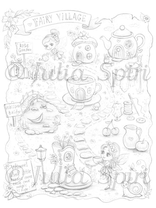 Light grayscale version of the Fairy Village Map coloring page by Julia Spiri, showing a soft pencil-style illustration with fairy characters, a teacup house, teapot cottage, mushroom home, boot house, and Whisper Bridge