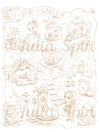 Sepia tone version of the Fairy Village Map coloring page by Julia Spiri, featuring a vintage parchment-style illustration with fairy characters, teacup house, teapot cottage, mushroom home, boot house, and Whisper Bridge