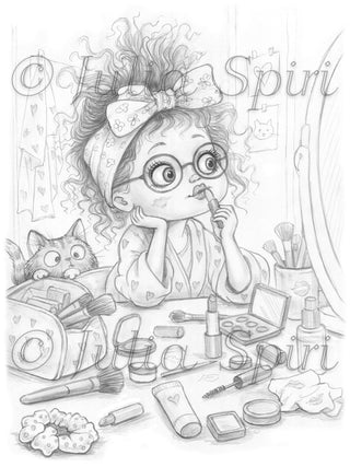 Grayscale coloring page of a curly-haired girl with a big bow trying on makeup at a vanity while a worried cat watches – First Makeup Experiments by Julia Spiri