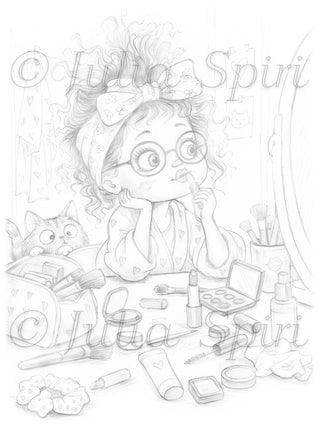 Light grayscale version of the First Makeup Experiments coloring page for adults, a whimsical Domestic Chaos scene with a girl, makeup and a curious kitty