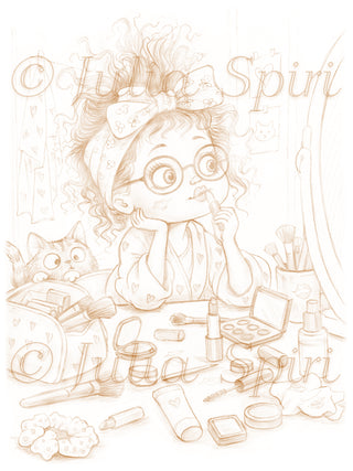 Sepia version of the First Makeup Experiments printable coloring page: little girl testing lipstick surrounded by brushes, palettes and a makeup bag, with a cat