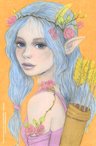Forest Elf Sylvan Archer coloring page for adults by Julia Spiri - Fantasy nature printable PDF download, colored