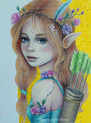 Forest Elf Sylvan Archer coloring page for adults by Julia Spiri - Fantasy nature printable PDF download, colored 