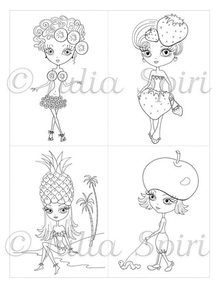 Coloring Page, Fantasy Kiwi, Pineapple, Strawberry, Apple Girls. The Fruity Girls