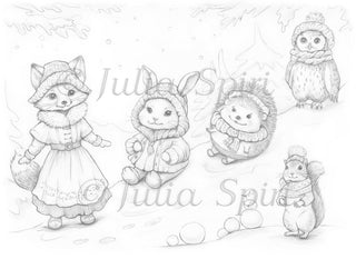 Página para colorear en escala de grises. Amigos peludos en Frosty Hills