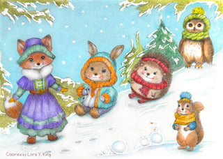 Página para colorear en escala de grises. Amigos peludos en Frosty Hills