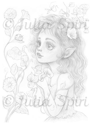 Light grayscale coloring page of an elf girl with a ladybug among bindweed flowers. Soft whimsical fantasy nature art by Julia Spiri. Printable digital download for adults.