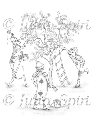 Gardeners painting rose-tree - Printable grayscale coloring page for adults by Julia Spiri, instant download