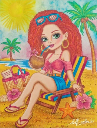 Página para colorear en escala de grises, niña en la playa. Escapada de verano