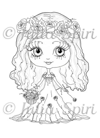 Coloring Page, Whimsy Girl. Girl with rose