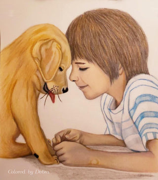 Grayscale Coloring Page, Boy and Dog. Dog lover - The Art of Julia Spiri