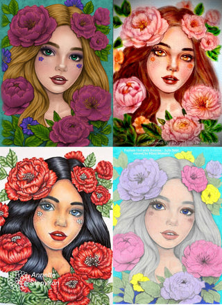 Grayscale Coloring Page, Fantasy Girl. Portrait of a Peony Enchantress colored