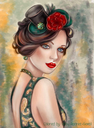 Grayscale Coloring Page, Girl with Vintage Hat, Retro. Stella - The Art of Julia Spiri. colored 2