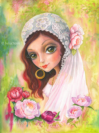 Coloring Pages, Boho Bride with Peonies. Gypsy bride
