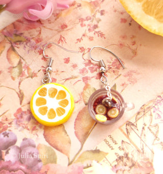 Handmade cup of tea with lemon polymer clay earrings with stainless steel hooks by Julia Spiri
