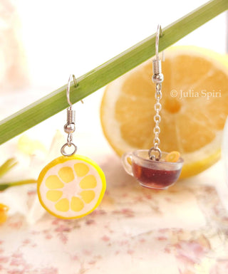 Handmade cup of tea with lemon polymer clay earrings with stainless steel hooks by Julia Spiri