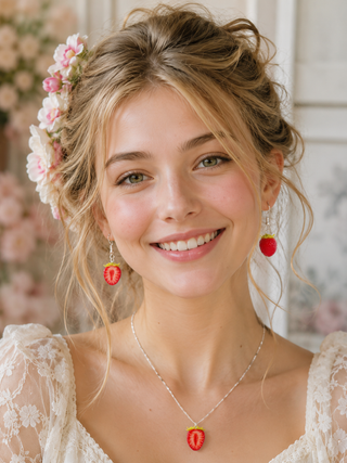 Handmade strawberry polymer clay earrings and necklace set by Julia Spiri, hypoallergenic stainless steel. model