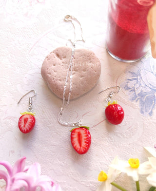 Handmade strawberry polymer clay earrings and necklace set by Julia Spiri, hypoallergenic stainless steel