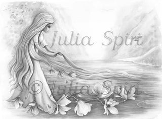 Grayscale Coloring Page, Fantasy Landscape and Girl with Magnolias. Harmony