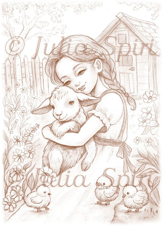 Heidi - Sepia tone vintage coloring page for adults by Julia Spiri