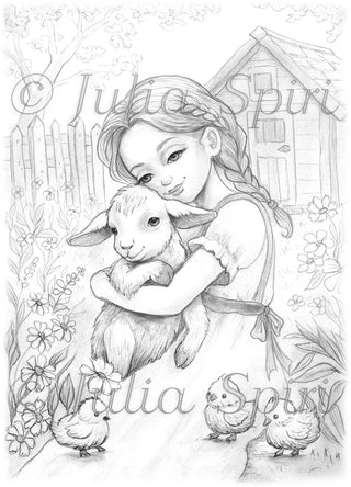 Heidi - Printable grayscale coloring page for adults by Julia Spiri, instant download