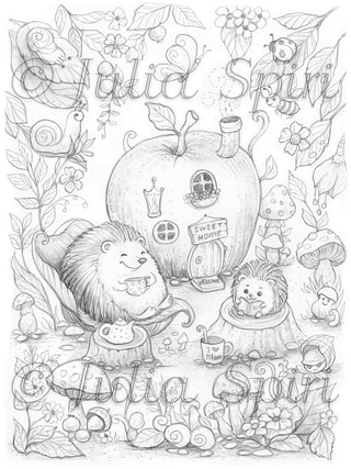 Grayscale coloring page of a hedgehog family in an apple cottage, Home is Where the Core Is by Julia Spiri