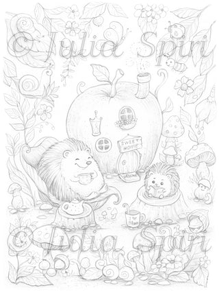 Light grayscale version of hedgehog family apple cottage coloring page by Julia Spiri