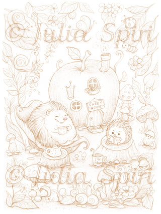 Sepia tone version of hedgehog family apple cottage coloring page by Julia Spiri