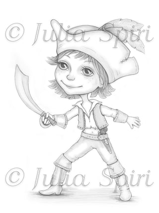 Pirate Coloring Page, Digital stamp, Digi, Boy, Steal commandeer, Pirates, Sword, Adventure, Fantasy, Crafting, Whimsy craft. Hudson - The Art of Julia Spiri