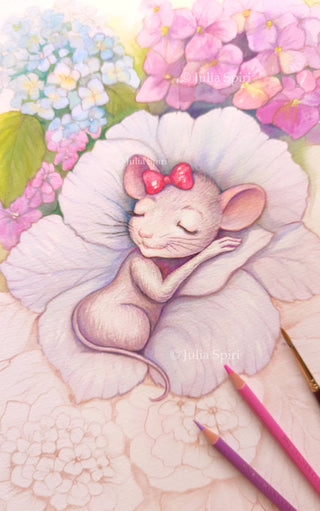 Postcard. Hydrangea Dreams. A Hydrangea Bed for the Sleeping Sweet Mouse. wip