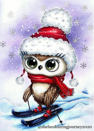 Coloring Page, Cute Bird Skiing in Snow Winter. Owl Ollie - The Art of Julia Spiri