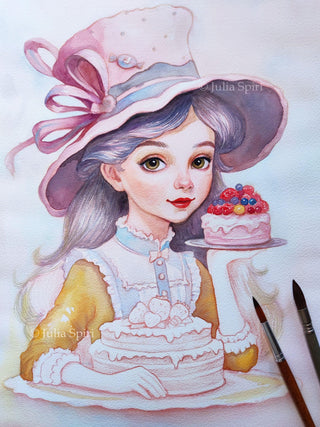 Grayscale Coloring Page, Whimsy Girl with Cakes. Sweet Temptation