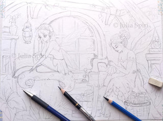 Grayscale Coloring Page, Fairy Tale Fairies. Tinker Bell’s Sisters Sweet Home