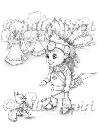 Indian and Squirrel - Printable grayscale coloring page for adults by Julia Spiri, instant download