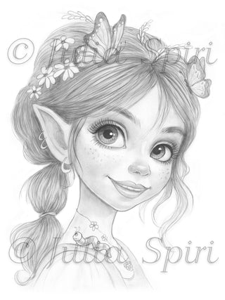 Grayscale Coloring Page, Innocent Forest Elf with Caterpillar Friend