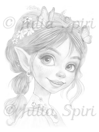 Innocent Forest Elf with Caterpillar Friend – whimsical grayscale light coloring page by Julia Spiri