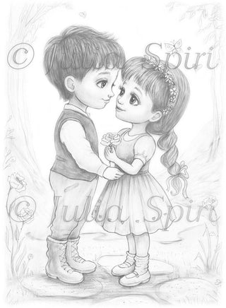 Grayscale Coloring Page, Girl and Boy in Love. Innocent Romance