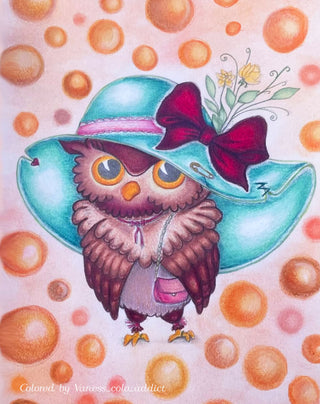 Coloring Page, Bird with Fashion Hat and Bag. Owl Fashionista