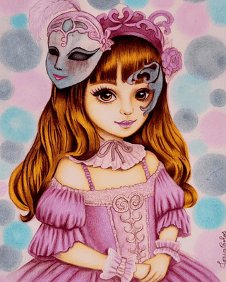 Grayscale Coloring Page, Girl with Mask in Venice. Venetian Reverie