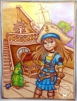 Grayscale Coloring Page, Pirate Girl. Cleo