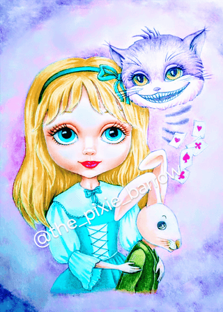 Alice in Wonderland - Grayscale coloring page version 5, printable adult coloring art by Julia Spiri