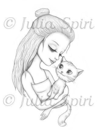 Kate and Kitten - Printable grayscale coloring page for adults by Julia Spiri, instant download