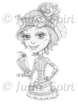 Steampunk Coloring Page, Digital stamp, Digi, Vintage Girl, Gears, Glasses, Mechanic, Metal, Iron, Crafting Fantasy Whimsy. Kelly and Falcon - The Art of Julia Spiri