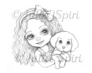 Leslie and Puppy - Printable grayscale coloring page for adults by Julia Spiri, instant download