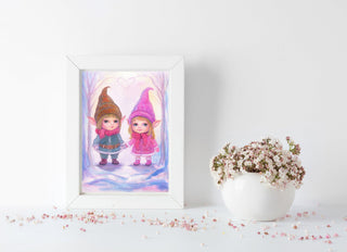Grayscale Coloring Page. Original Watercolor Painting. Little Gnomes in Winter